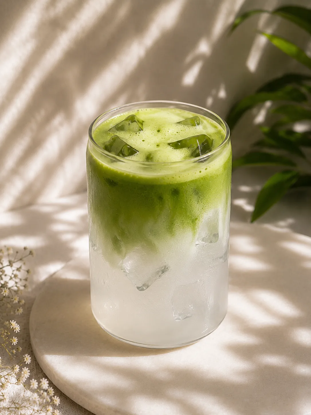 Matcha z gęstą, ubitą pianką na wierzchu, obok połówka kokosa.