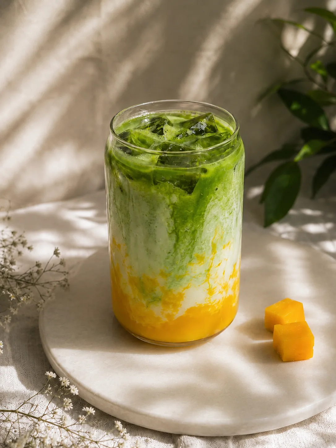 Mrożona matcha z warstwą pulpy mango w wysokiej szklance.