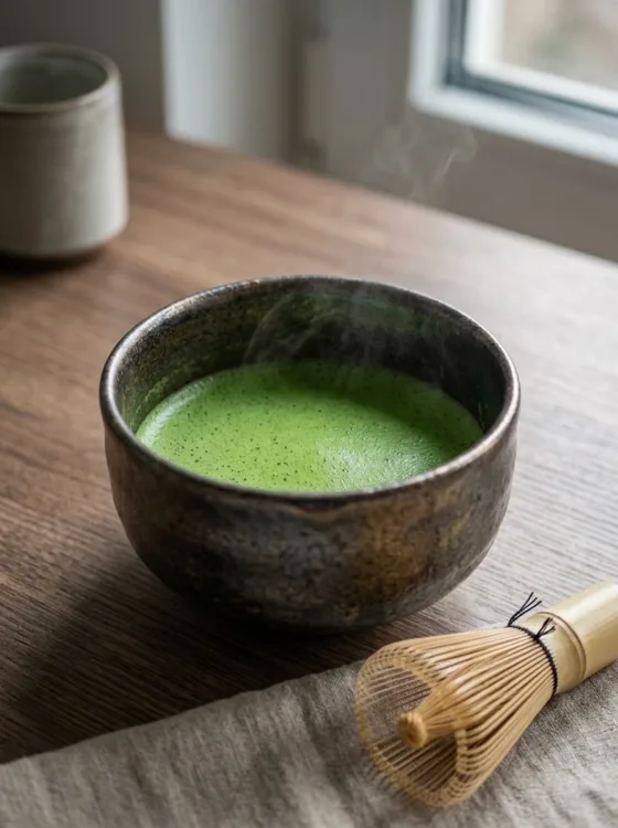 Ciemna, rustykalna czarka wypełniona jaskrawozieloną, parującą herbatą matcha. Obok na drewnianym stole leży bambusowa trzepaczka chasen na lnianej ściereczce.