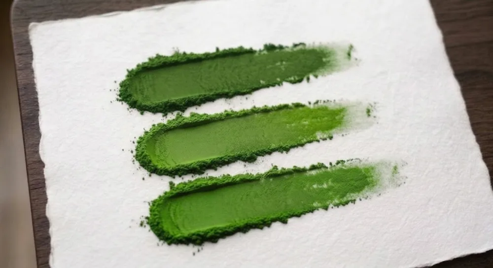 Trzy paski roztartego, jaskrawozielonego proszku matcha na białym papierze strukturalnym, służące do oceny jakości, koloru i stopnia zmielenia herbaty.