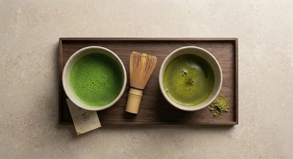 Dwie ceramiczne czarki ze świeżo spienioną zieloną herbatą matcha oraz bambusowa trzepaczka chasen ułożone na drewnianej tacy.